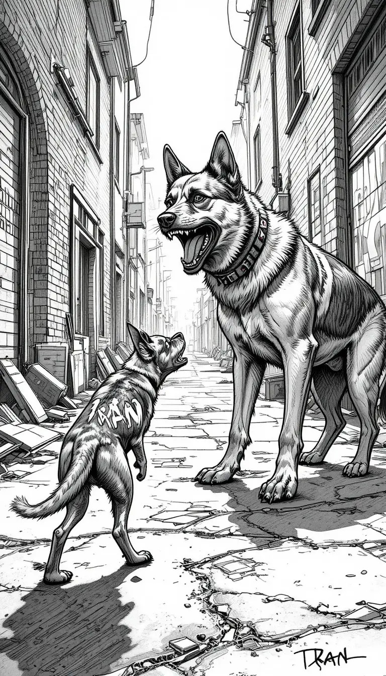 咆哮的梗犬在巷弄裡對峙畏縮的德國牧羊犬