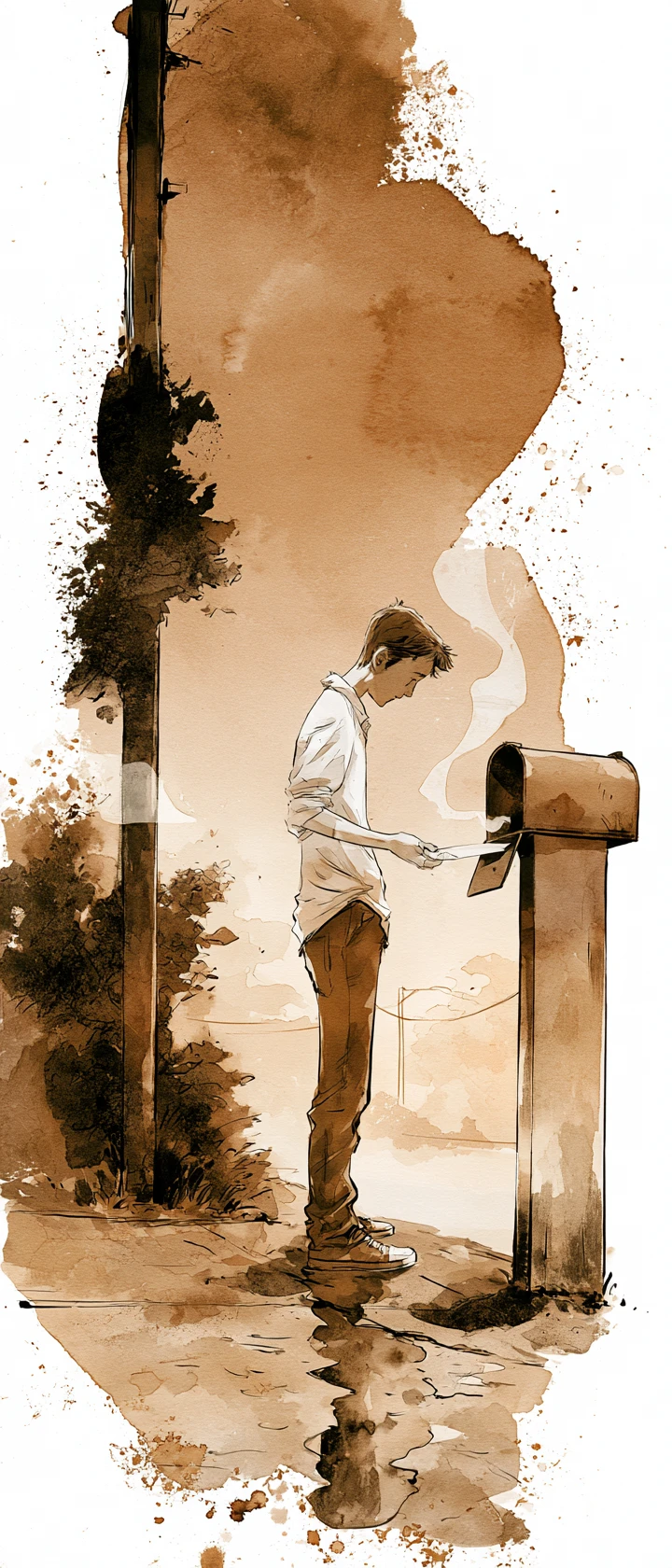 Jovem enviando uma carta ao anoitecer em aquarela