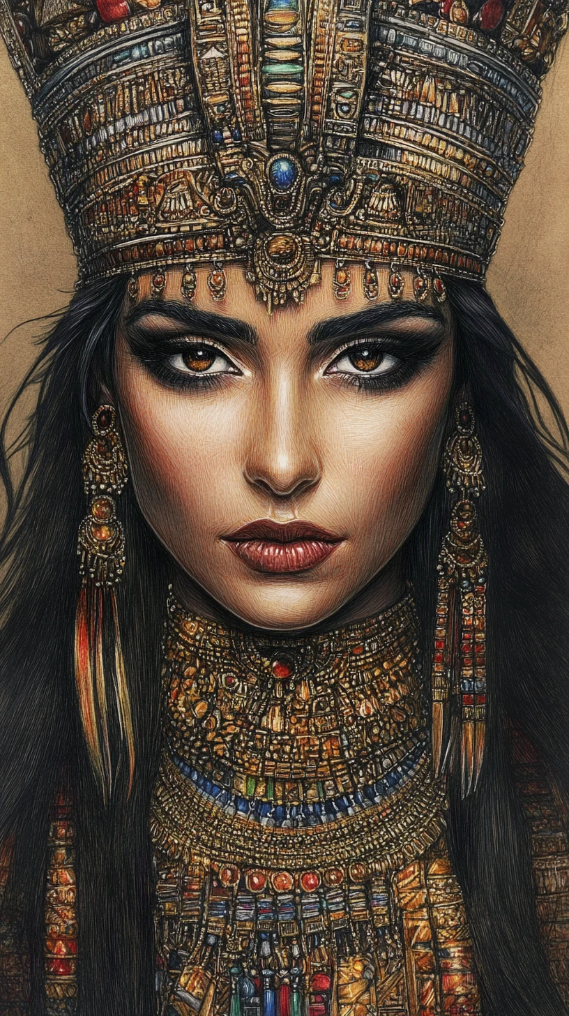 Retrato majestoso a lápis de cor de uma rainha do Egito Antigo