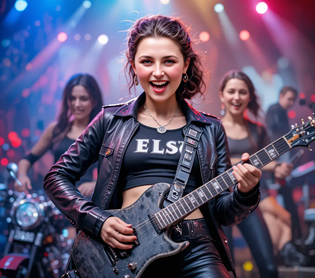Young metal singer with black leather outfit on stage