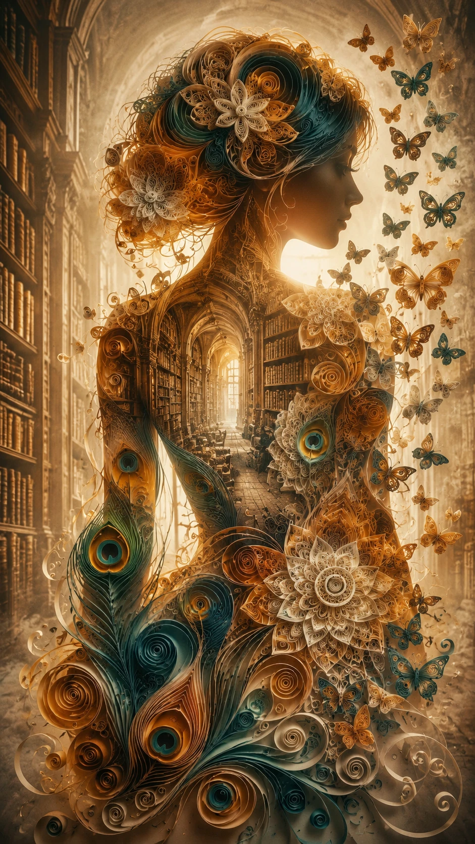 Portrait surréaliste de femme en double exposition avec art de papier quilling