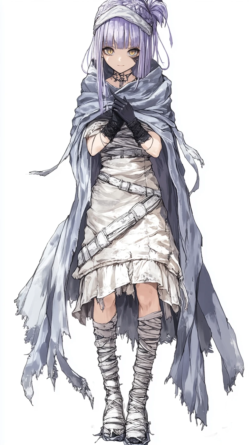 Fille d’anime en robe argentée bandée avec sourire fantomatique