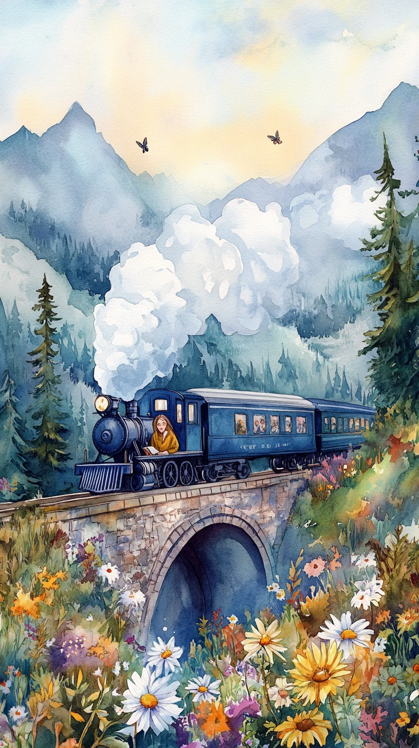Ragazza ad acquerello che disegna sul treno con vista sulle montagne