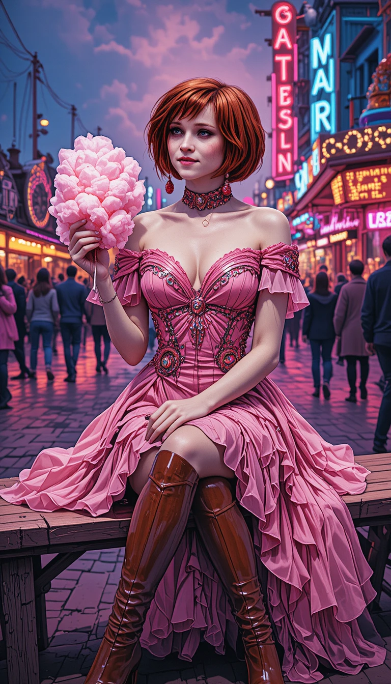 Jovem de vestido rosa em banco de carnaval iluminado por néon