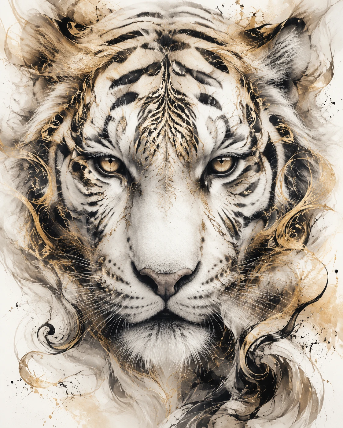 Fantasie-Gesicht eines weißen Tigers mit goldenen und schwarzen Ziermustern