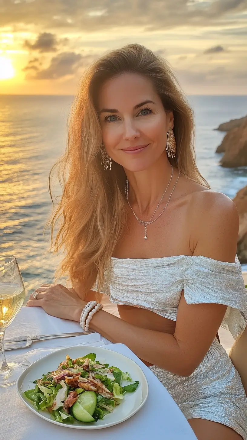 Femme blonde dînant au bord de l’océan au coucher de soleil doré