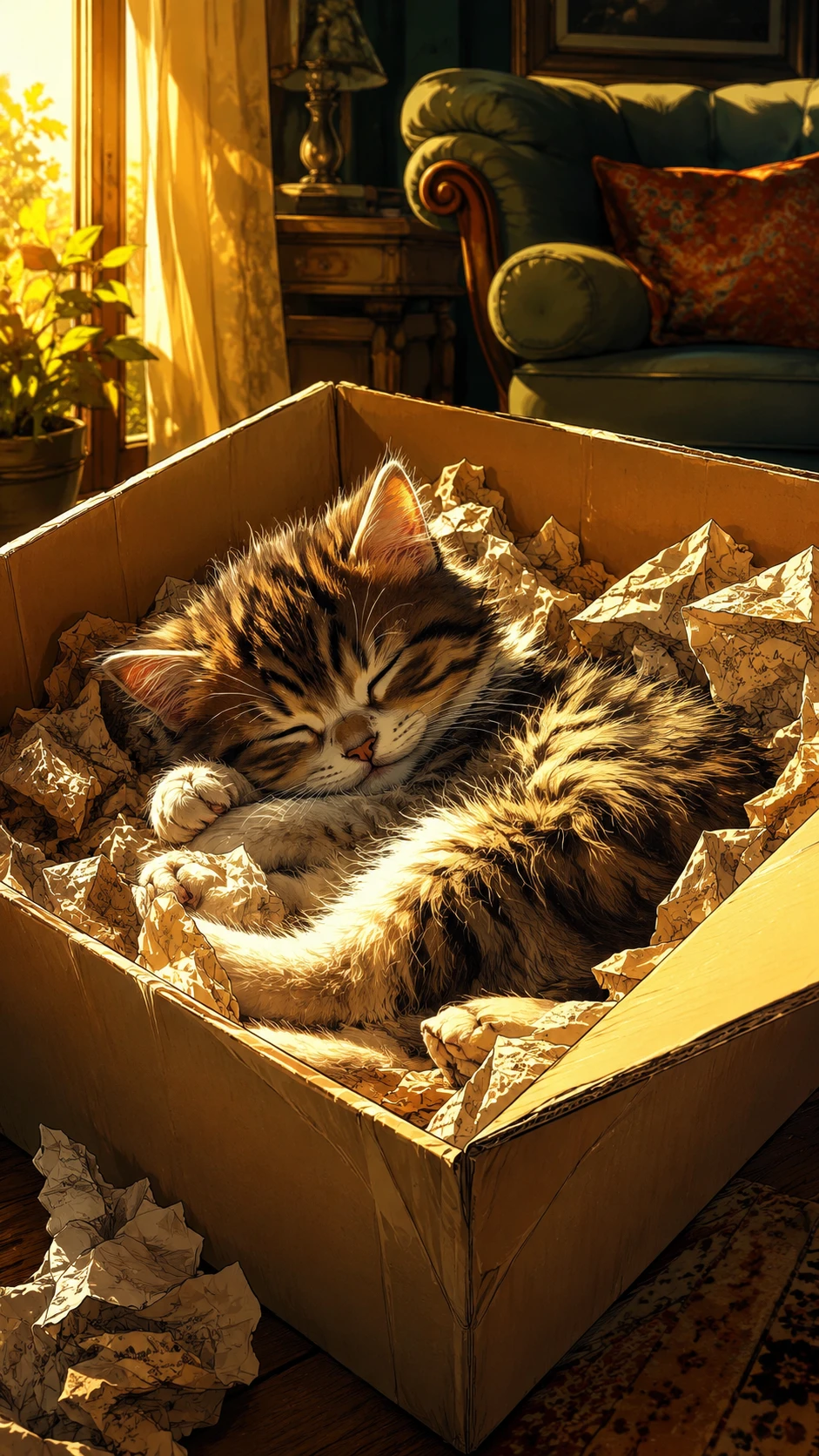 Schlafendes Kätzchen in einer Box im warmen Sonnenlicht