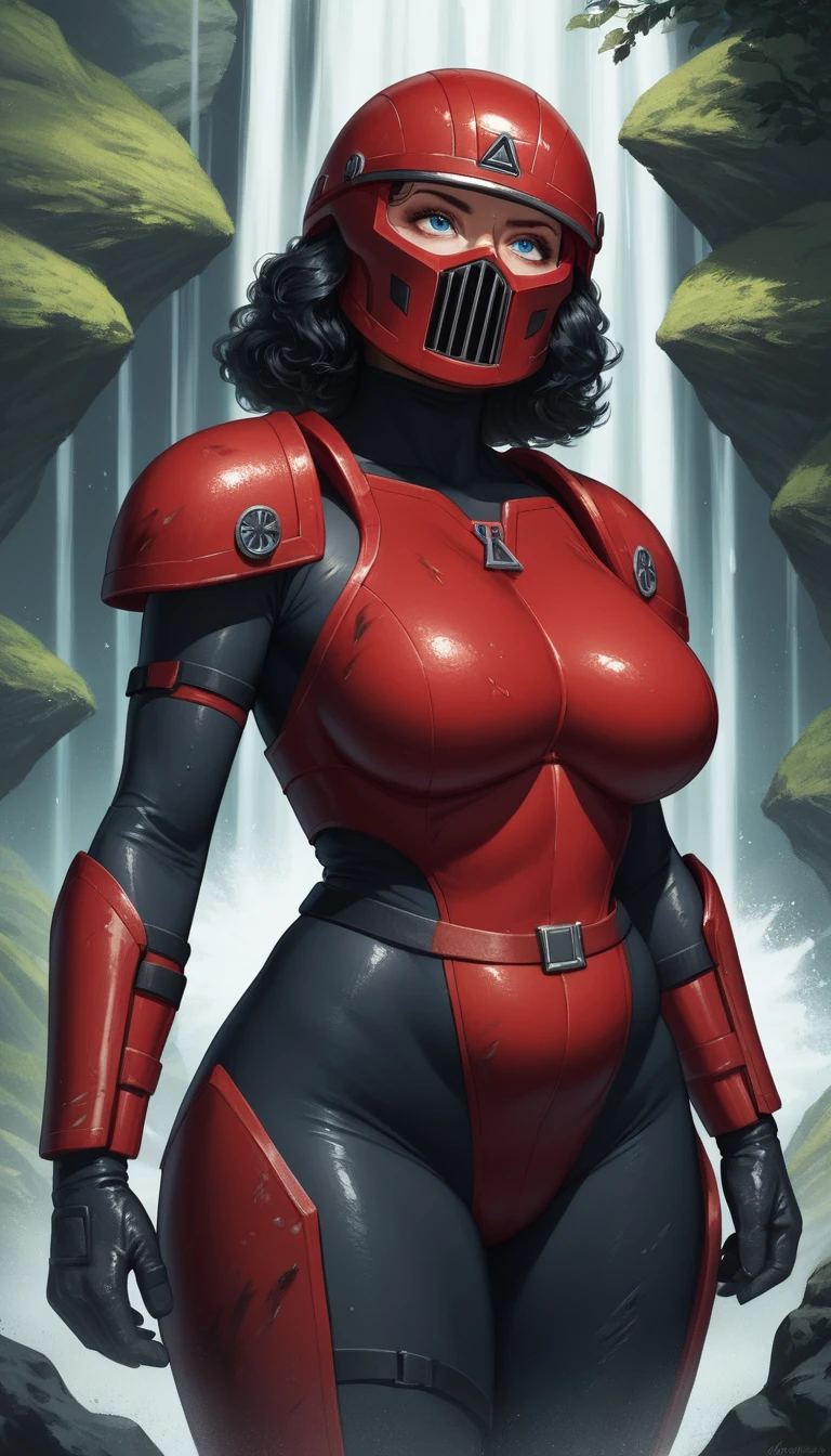 Mulher de anime sci‑fi em armadura vermelha a bordo de uma nave estelar