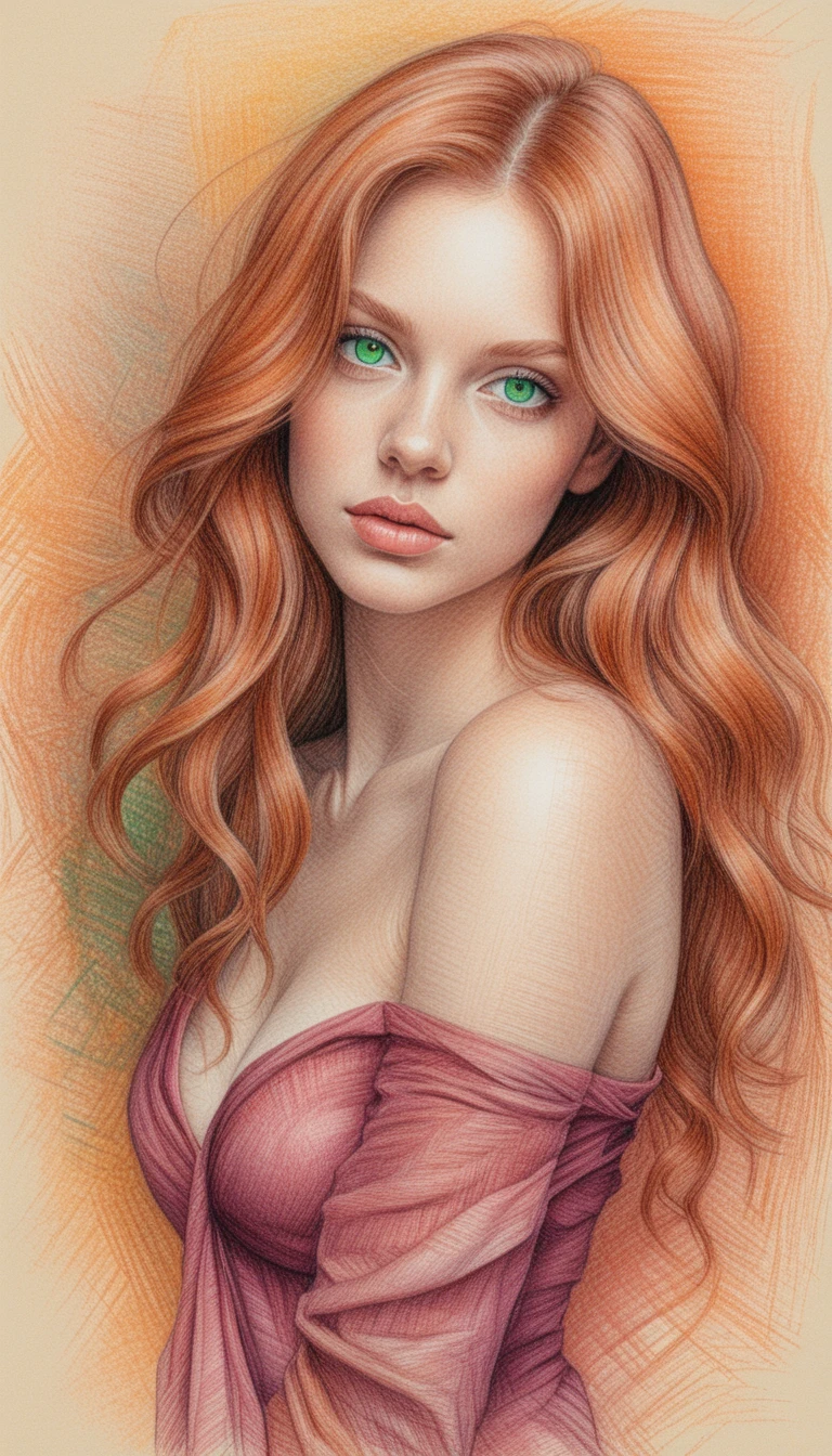 Retrato a lápis de cor de uma mulher com olhos verde-esmeralda