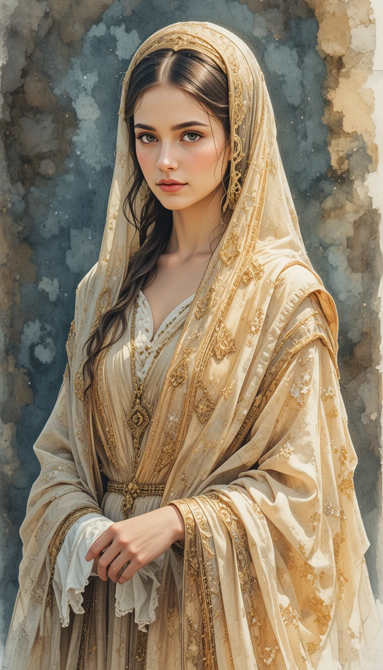 Retrato en acuarela de una reina antigua con vestido noble