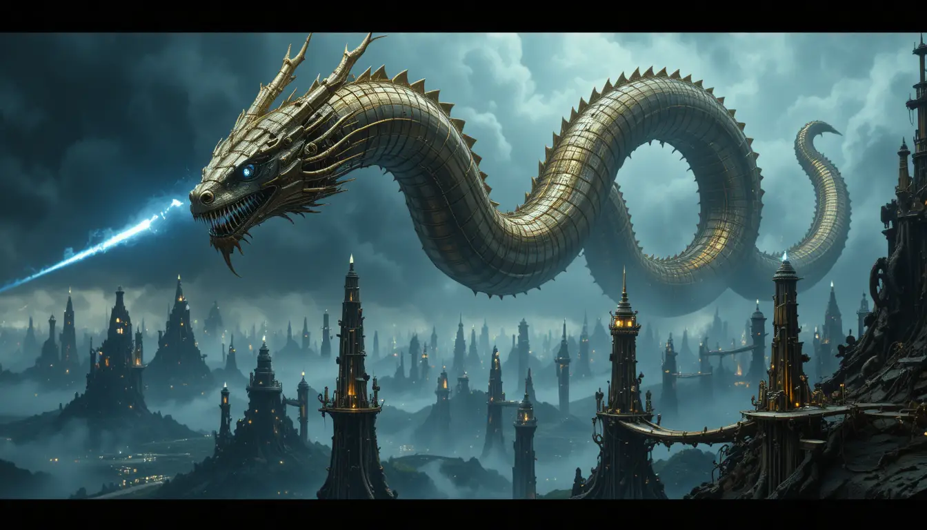 Kolossaler Steampunk-Drache über stürmischen schwebenden Städten