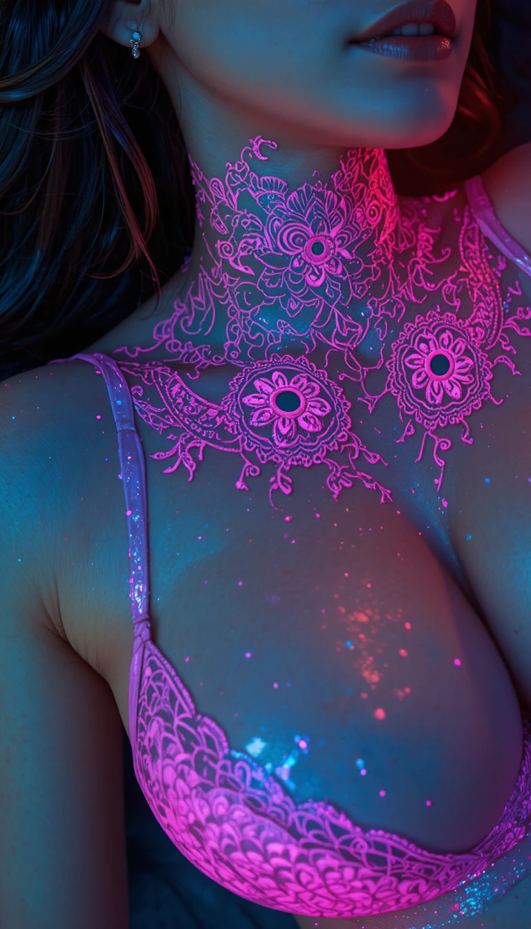 Close-up em neon de um pescoço feminino decorado