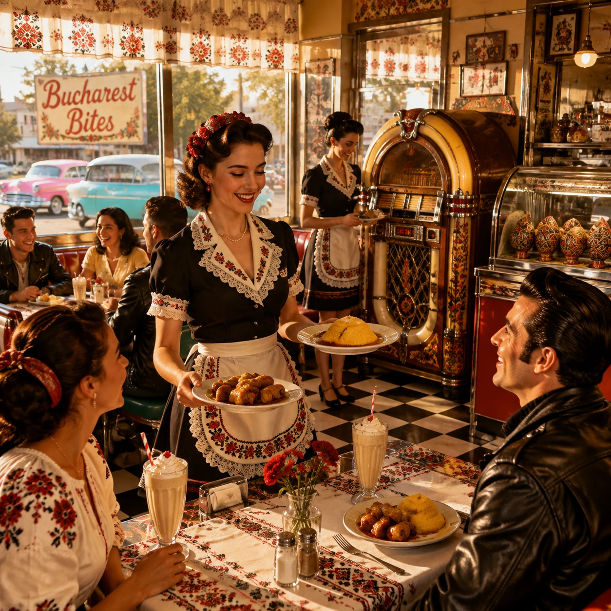 Diner vintage rumeno-americano con jukebox e luce del sole
