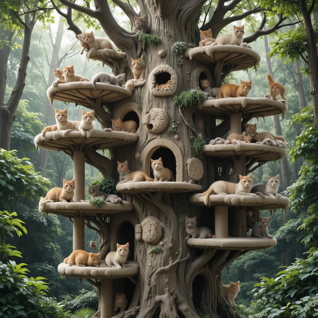 Casa na árvore fantástica para gatos em uma floresta verdejante