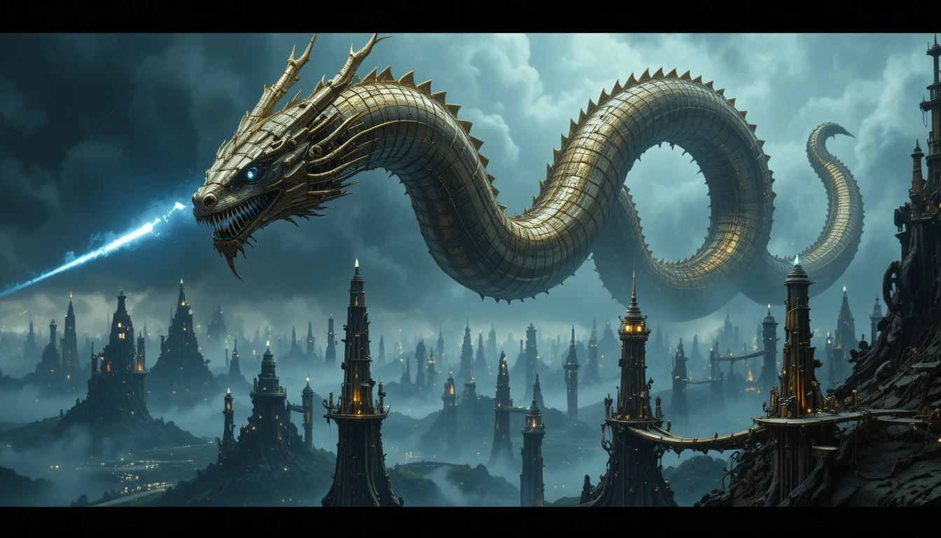 Colosal Dragón Steampunk Sobre Ciudades Flotantes Tormentosas