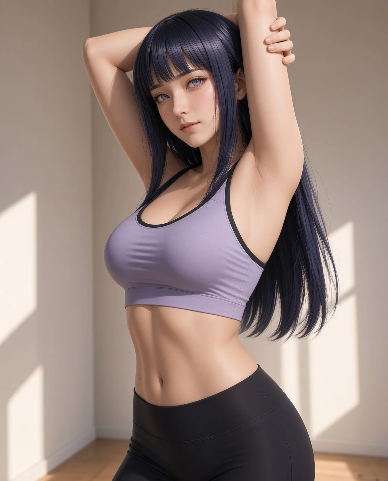 Donna anime che si allunga con grazia nella soffice luce del mattino