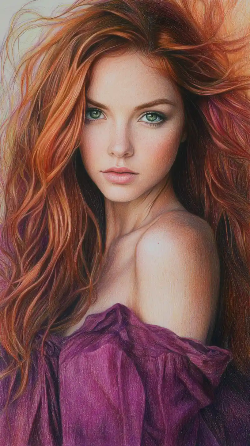 Retrato a lápis de cor de uma mulher com olhos verde-esmeralda