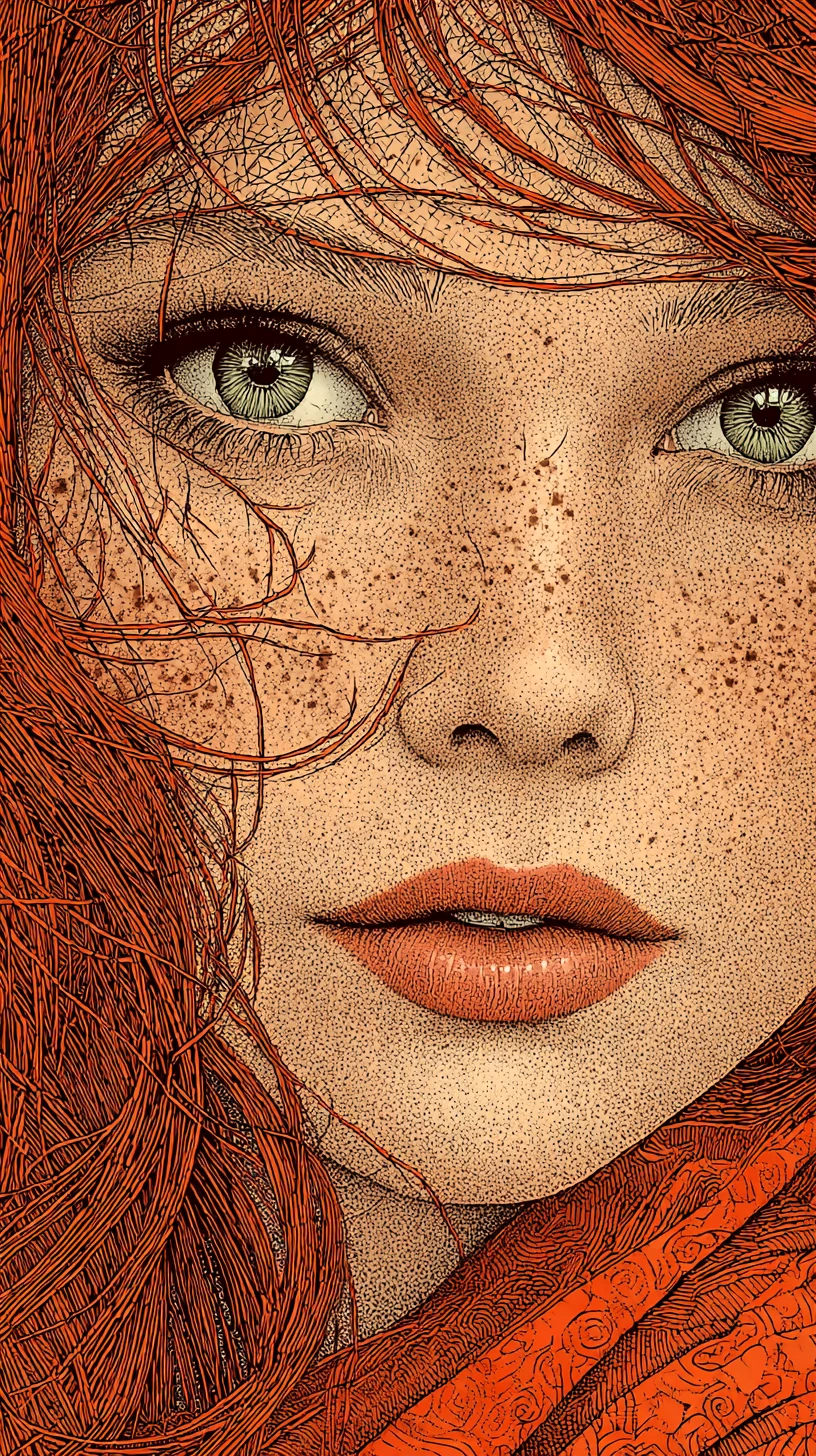 Retrato en arte lineal de pelirroja con pecas y penetrantes ojos verdes