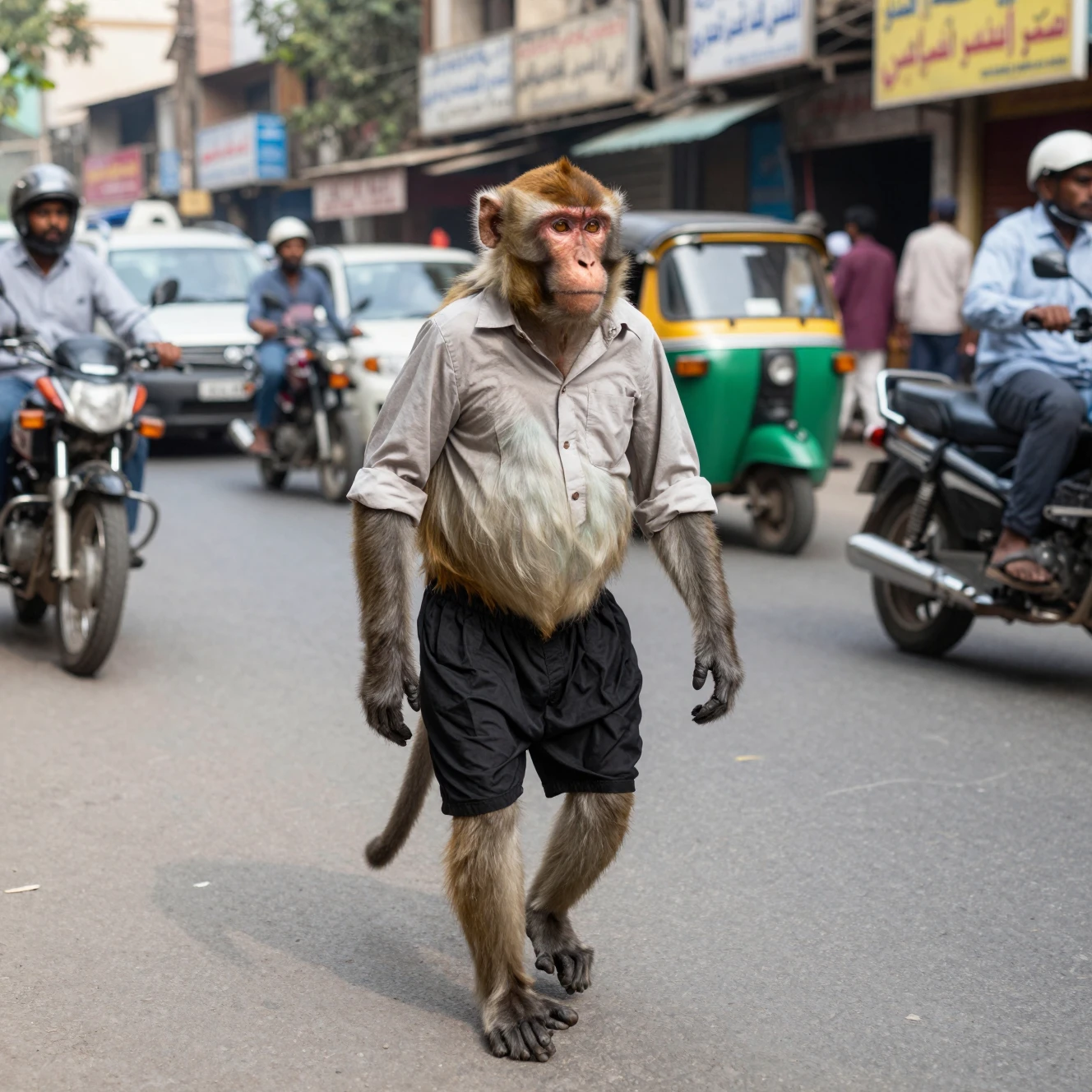 Macaco Andando Ereto em uma Rua Movimentada de Karachi