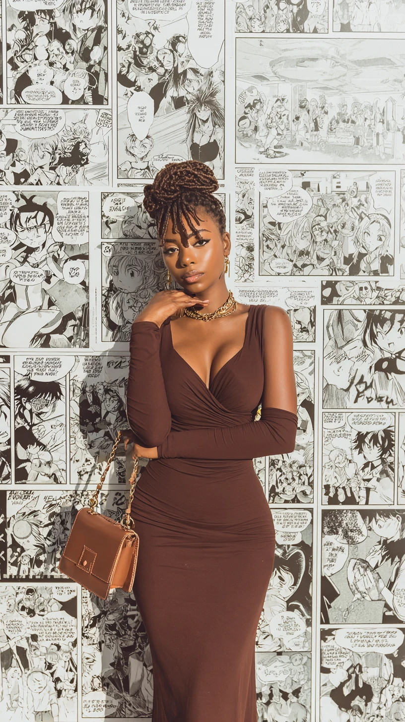 Elegant black woman in brown dress manga portrait