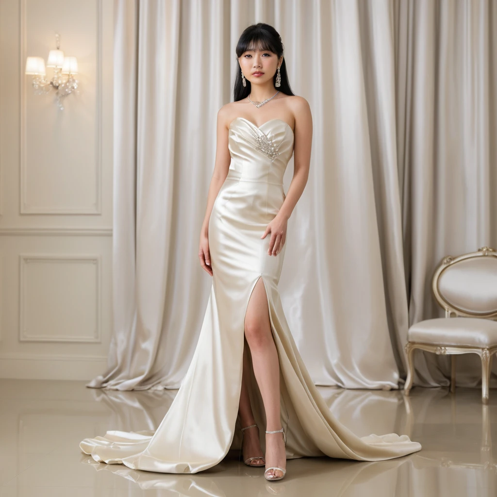 Jovem japonesa em elegante vestido de baile de cetim marfim