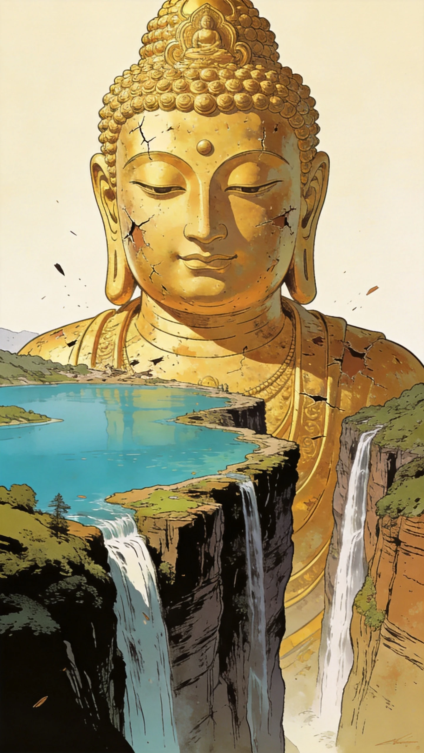 Géante Statue de Bouddha Doré au-dessus d’un Lac de Montagne à Flanc de Falaise