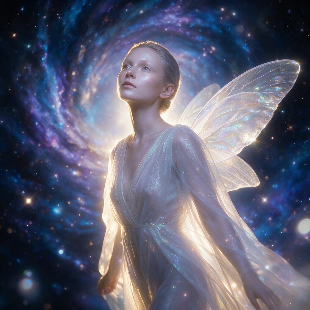 Ethereal angelic woman glowing in deep cosmic space
