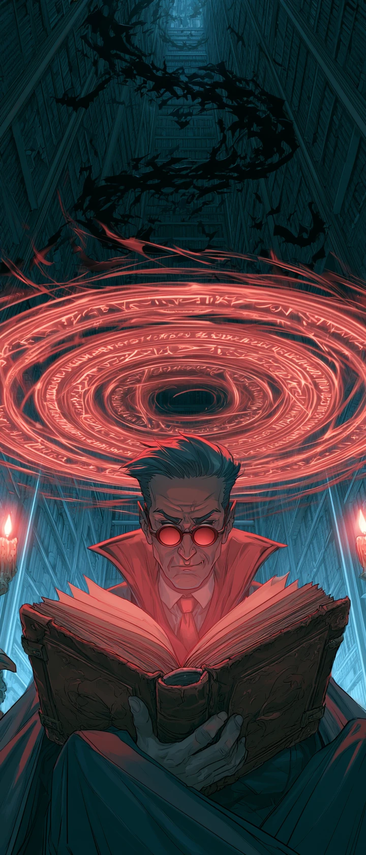 Acadêmico vampiro em biblioteca de fantasia infinita com magia carmesim