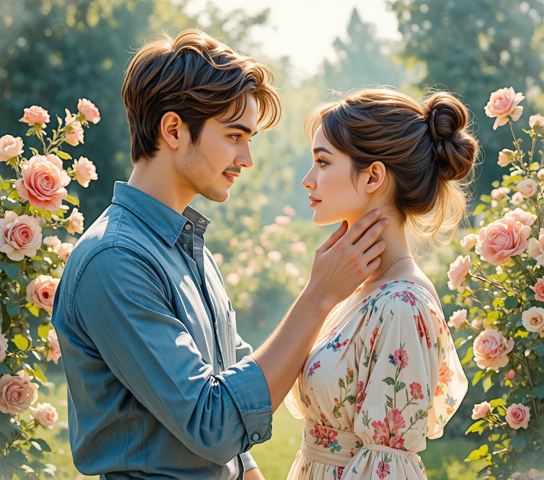 Young couple sharing a tender moment in a rose garden