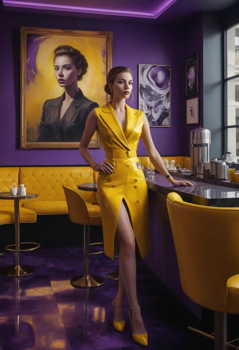 Barista in neongelber High-Fashion-Coffee-Lounge-Szene