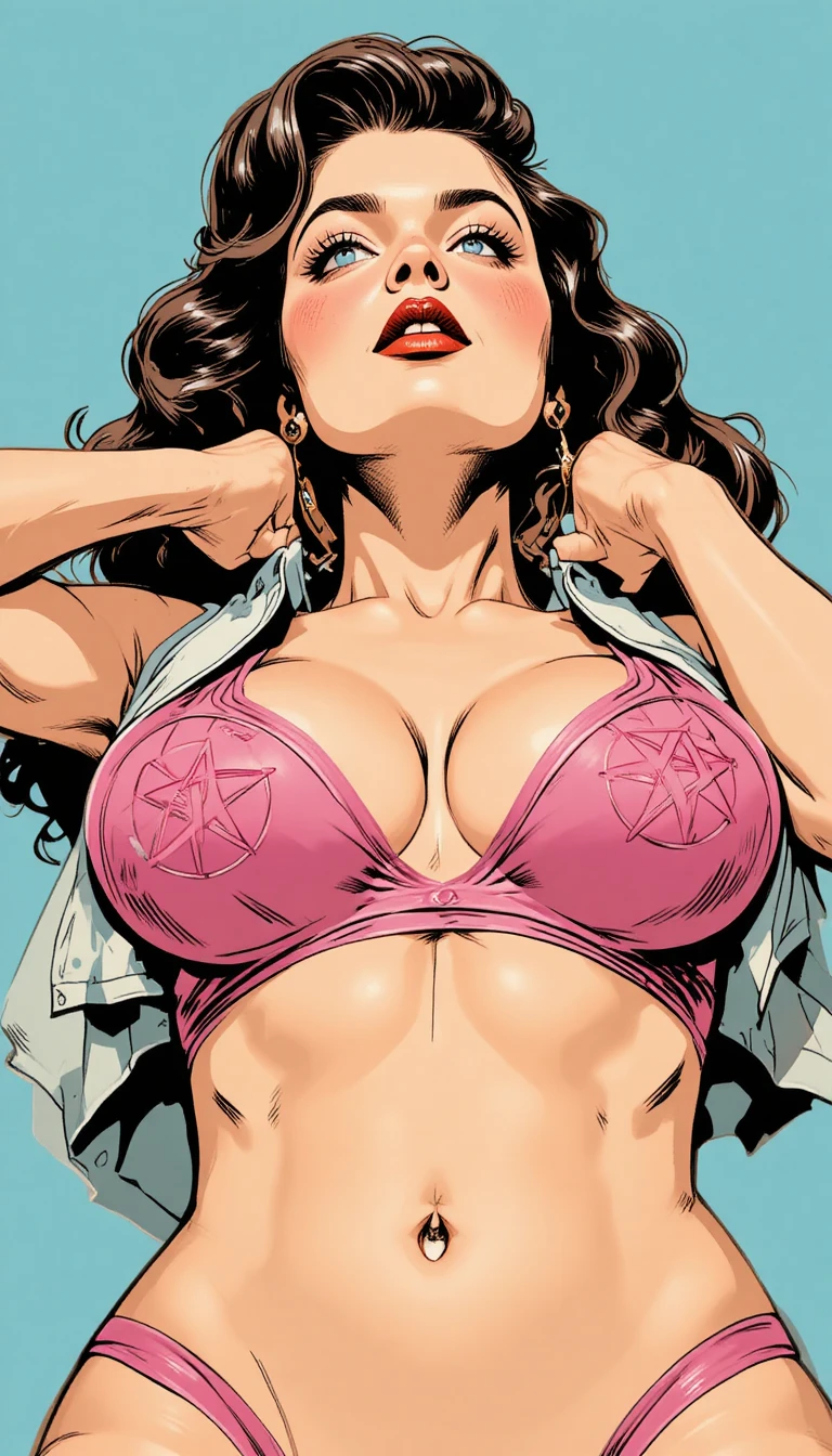 Retrato cómico en ángulo bajo de una mujer glamourosa estilo pin-up