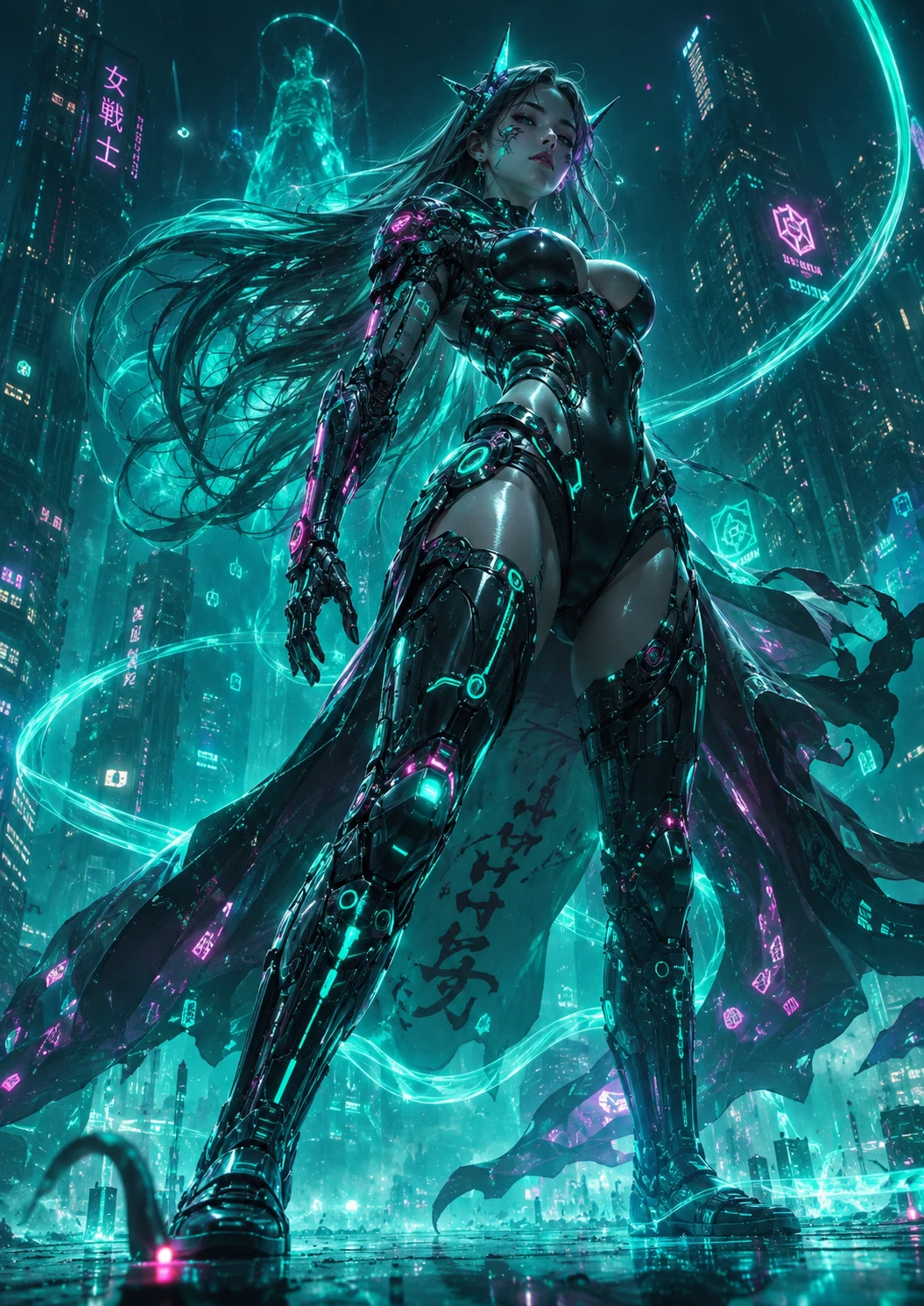 Heroína cyberpunk vitoriosa em uma cidade futurista neon
