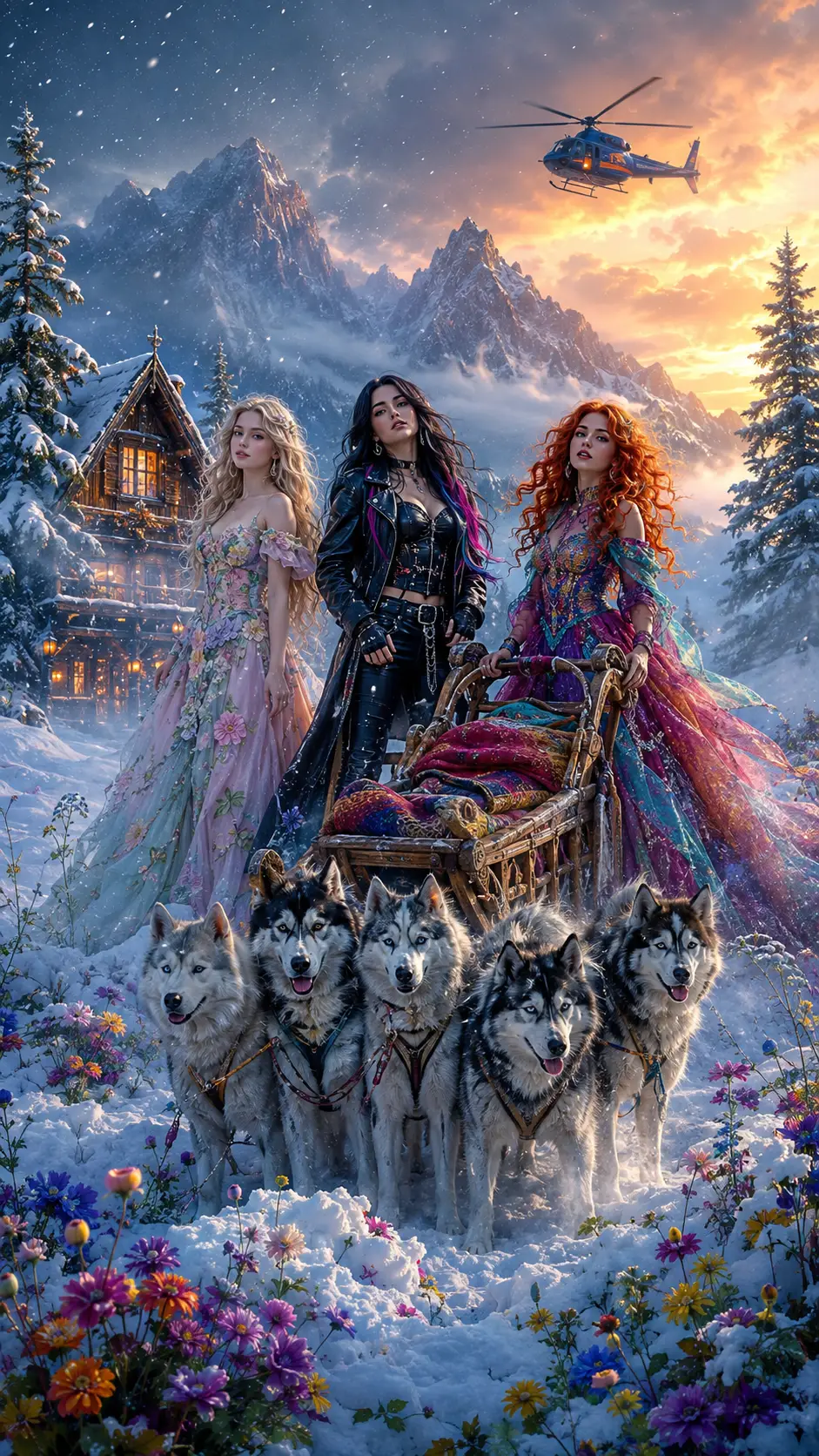 Three fantasy girls in a snowy mountain wonderland