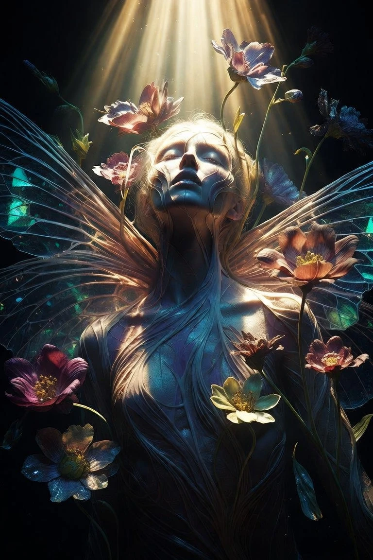 Mulher se transformando sob holofote dourado em jardim surreal