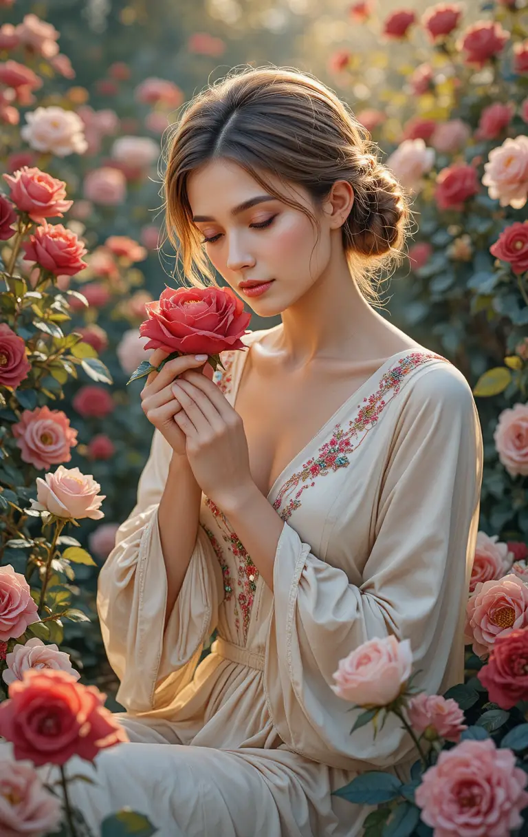 Reife Frau, die eine rote Rose in einem üppigen Sommergarten streichelt