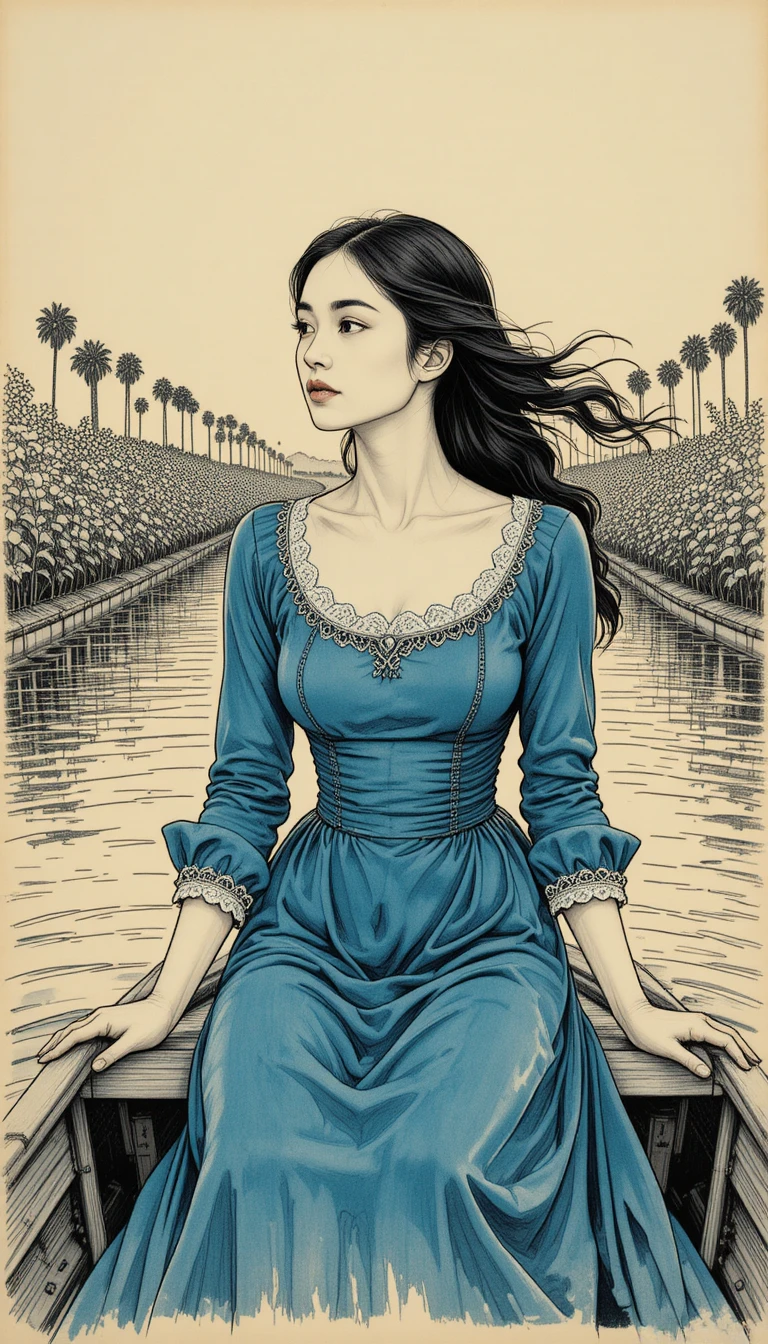 Young woman on a riverboat at nostalgic sunset