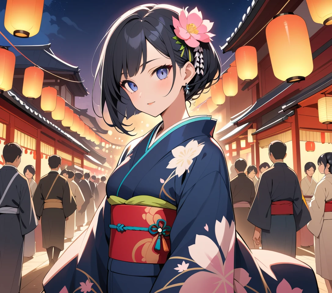 Elegante Japanerin im Kimono auf einem Nachtfest