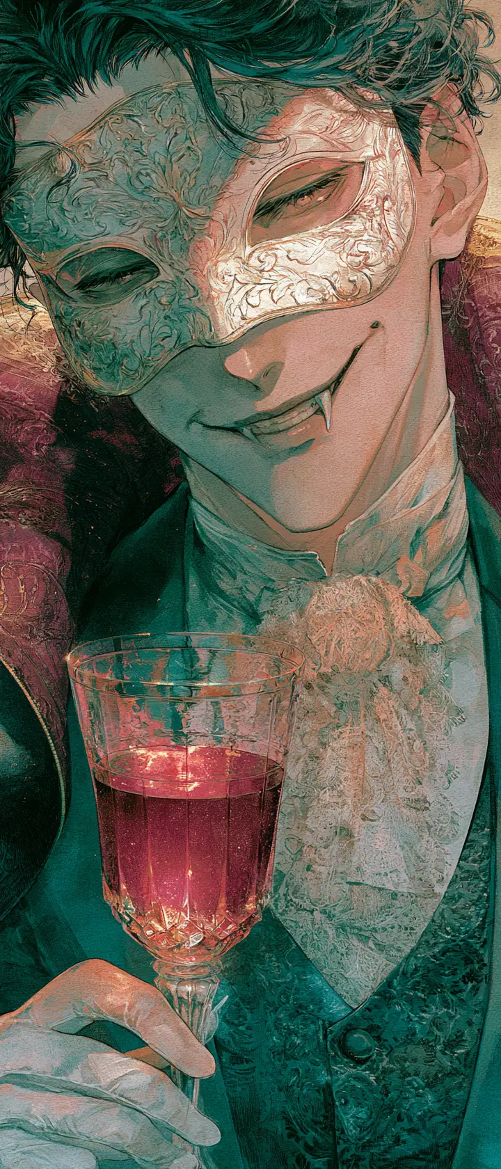 優雅蒙面吸血鬼與水晶酒杯的動漫風格插畫