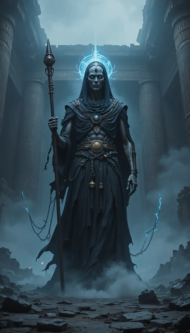 Skeletal death herald before the colossal gate of Kur