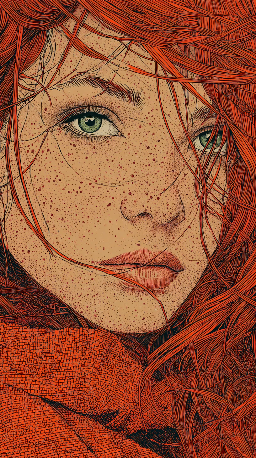 Retrato a tinta de mulher sardenta com cabelos ruivos esvoaçantes