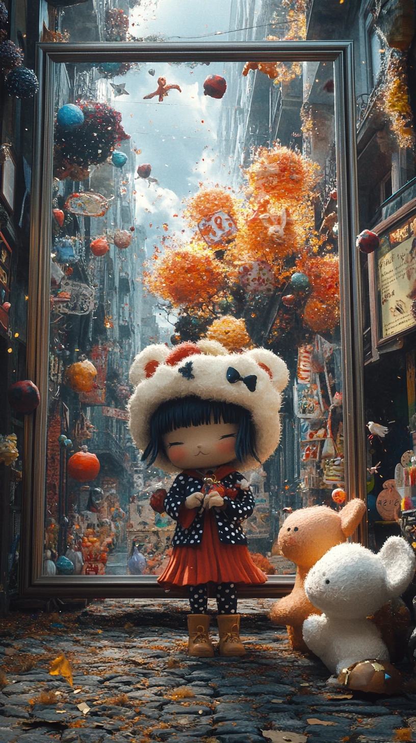 Fille d’anime dans un monde surréaliste en ruine avec un cadre vide