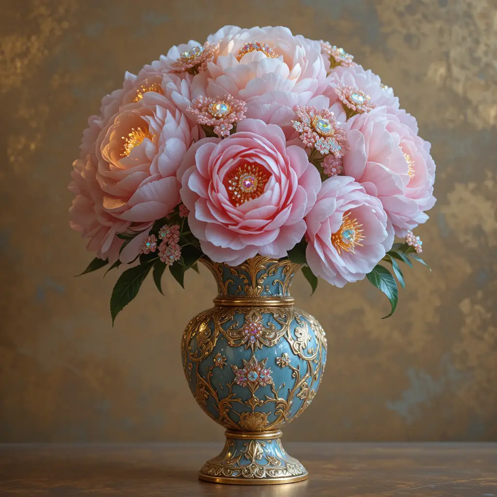 Ornate peony vase with shimmering crystal blooms