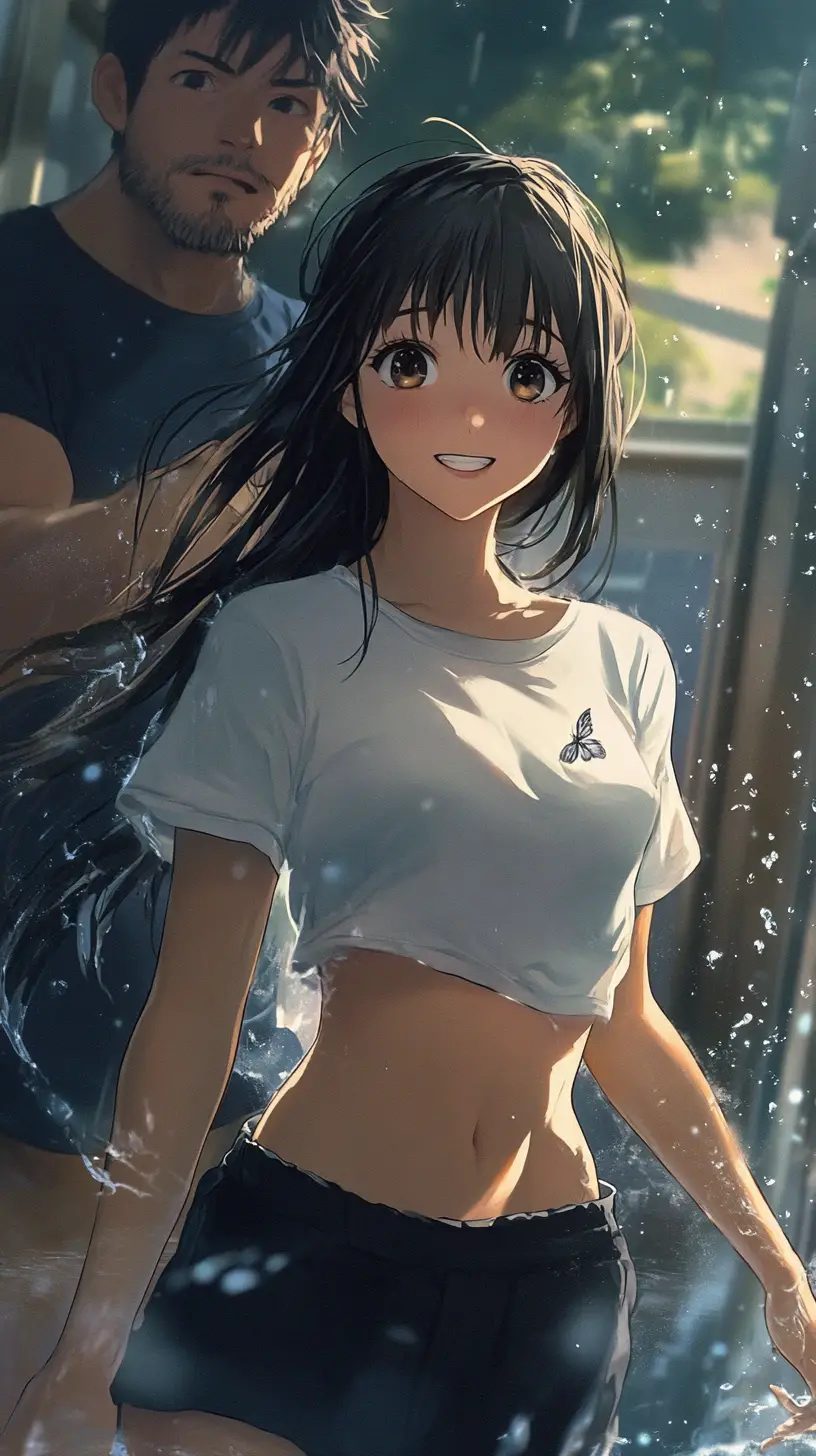 Fröhliches Anime-Mädchen tanzt im warmen Sommernachtregen
