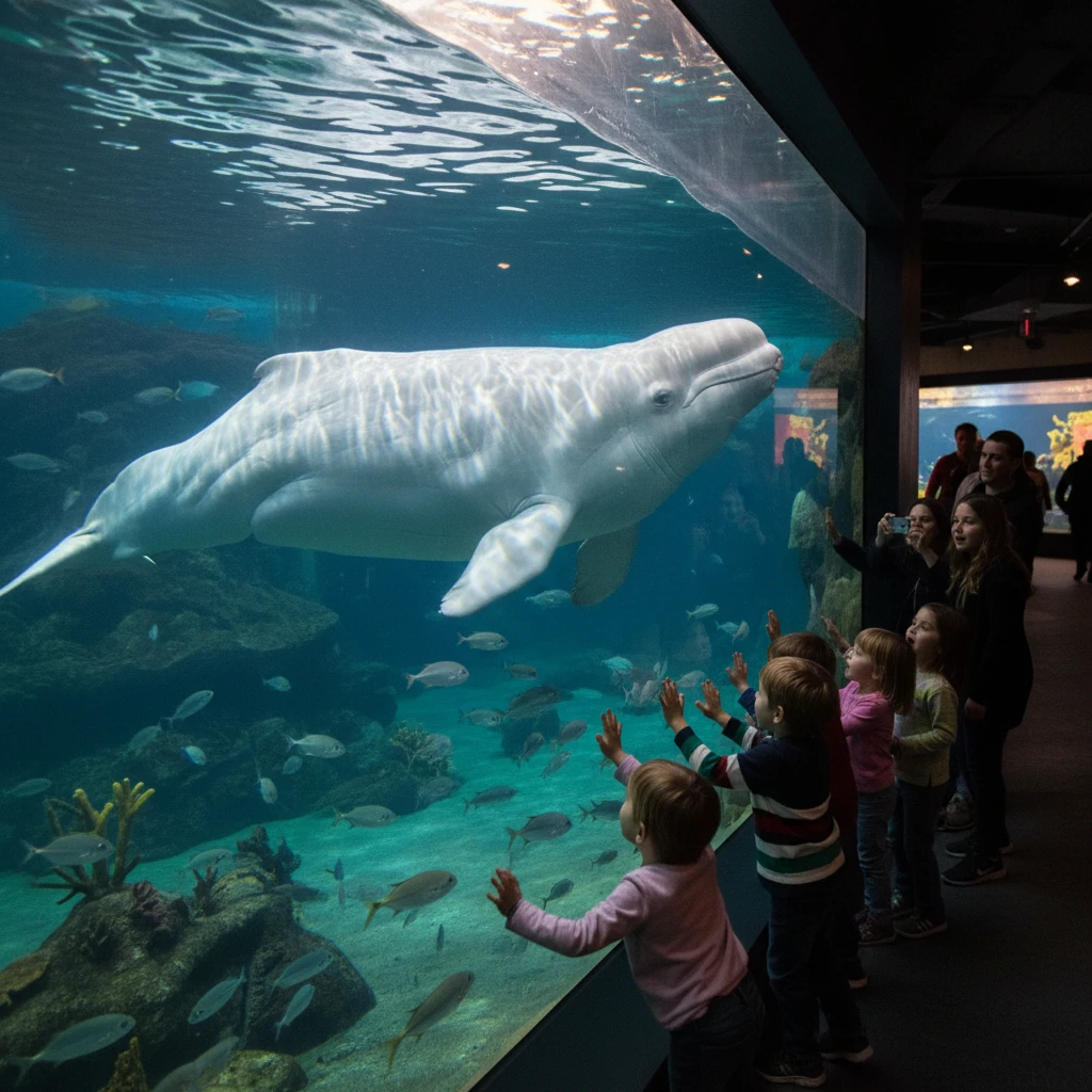 Beluga whale glides in a clear aquarium before children