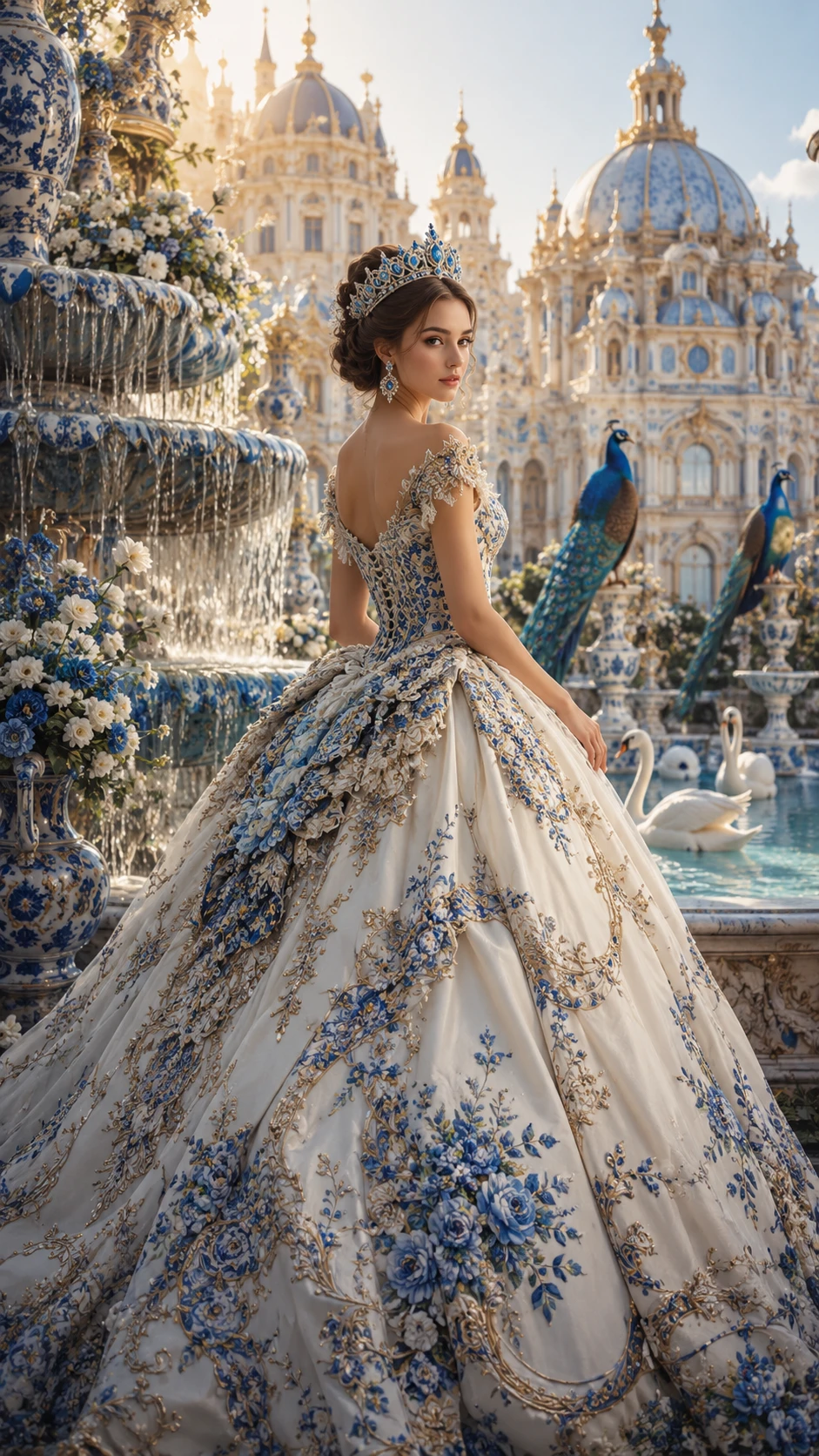 Elegante Fantasy-Prinzessin an einem Kristallpalast-Brunnen