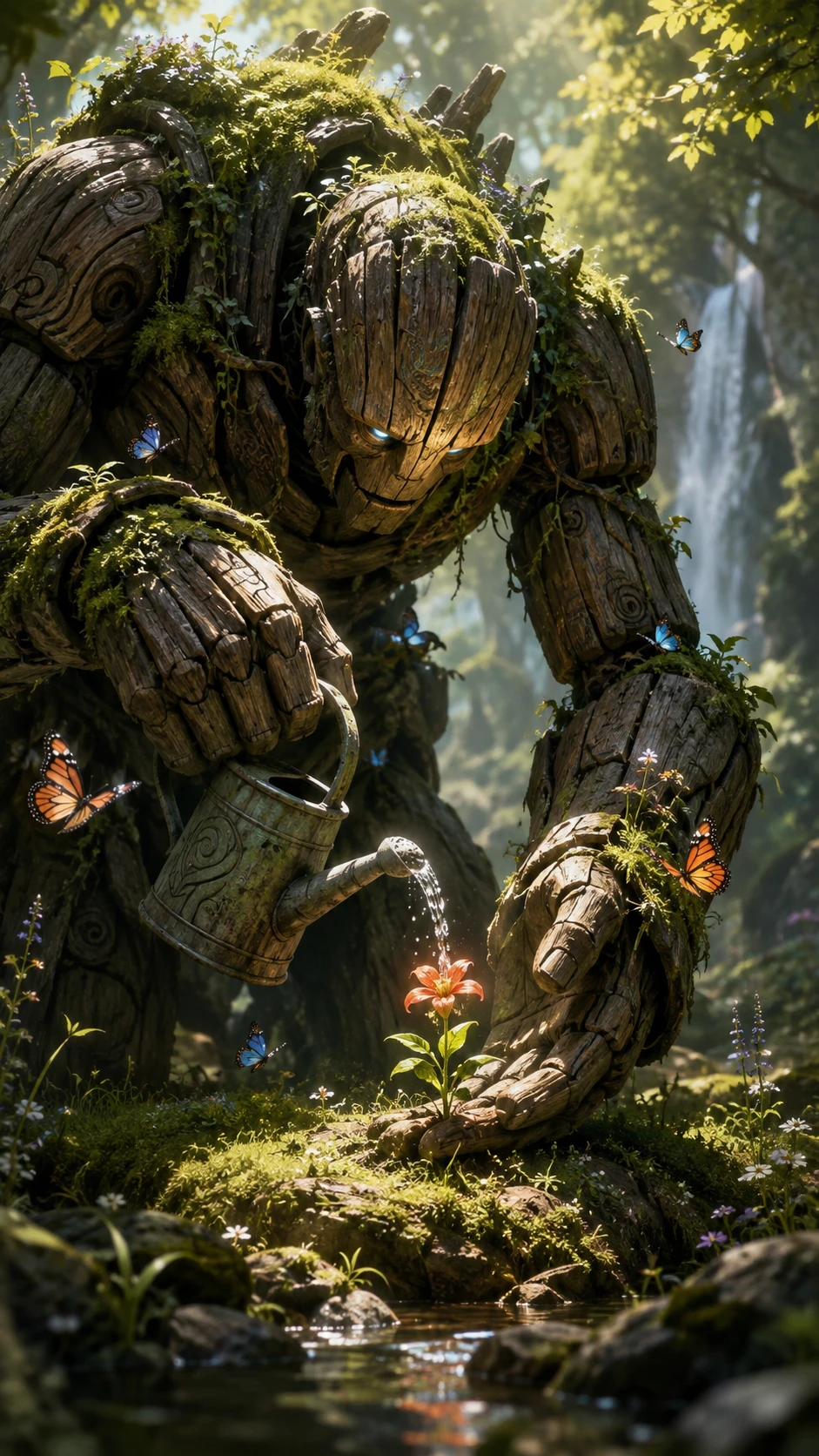 Golem de madeira regando uma flor silvestre em uma clareira silenciosa