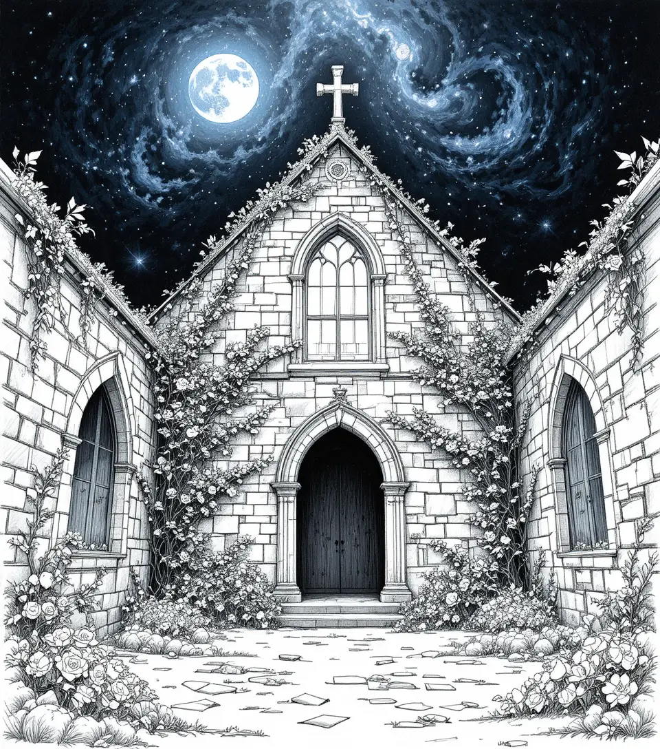 Interno di cappella abbandonata al chiaro di luna in stile romantico surreale