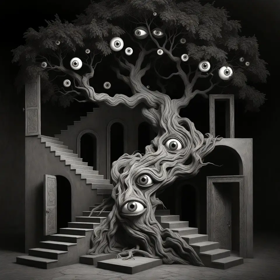 Surreal tree with glowing eyes on twisting monochrome structure