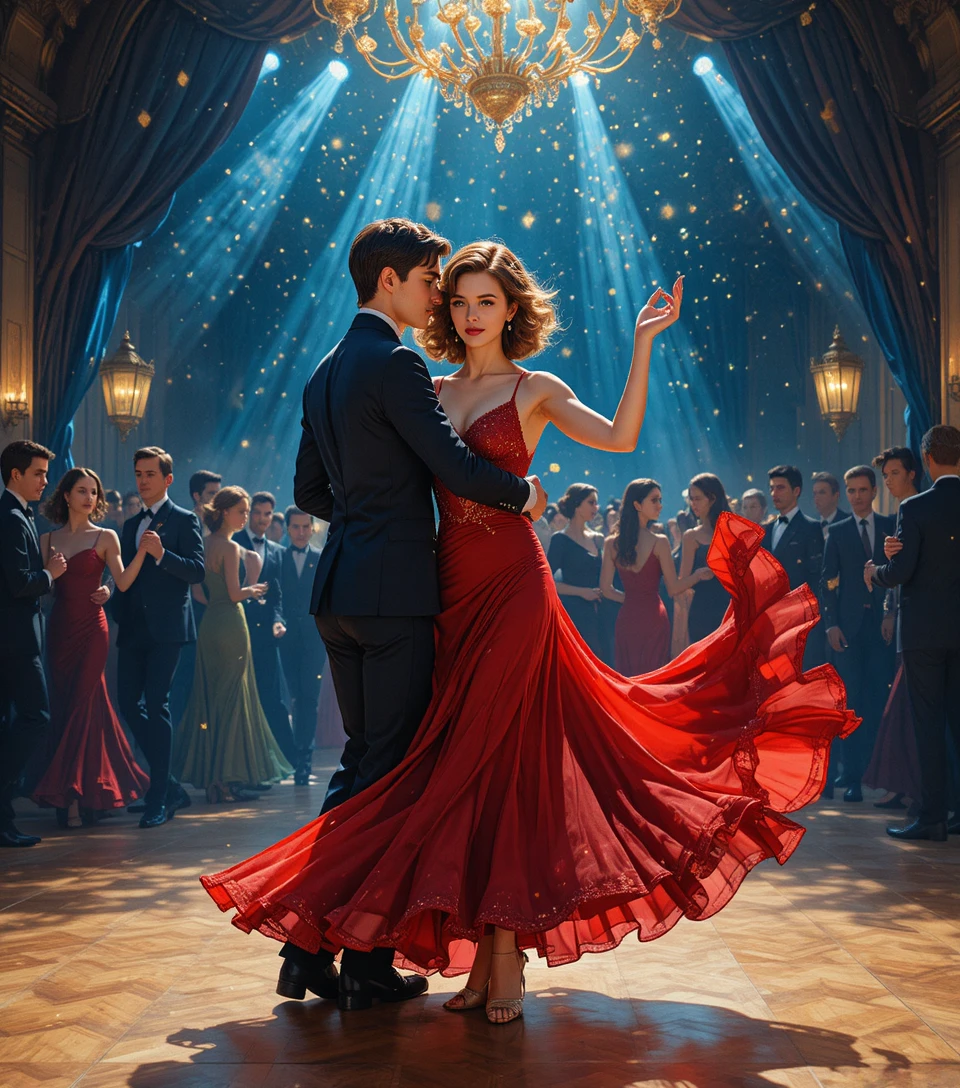 Jovem casal dançando com vestido vermelho em um salão de baile vintage