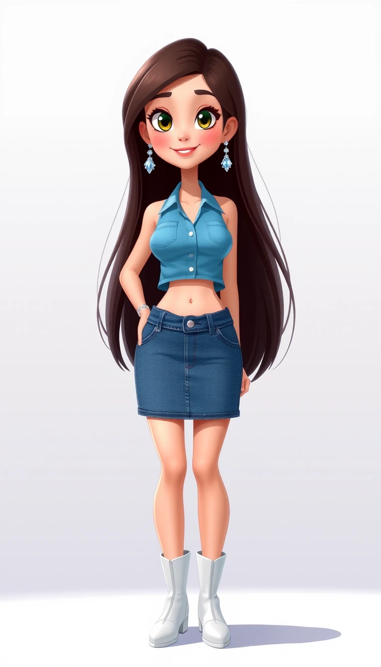 Mulher estilosa de skort jeans azul e blusa cropped